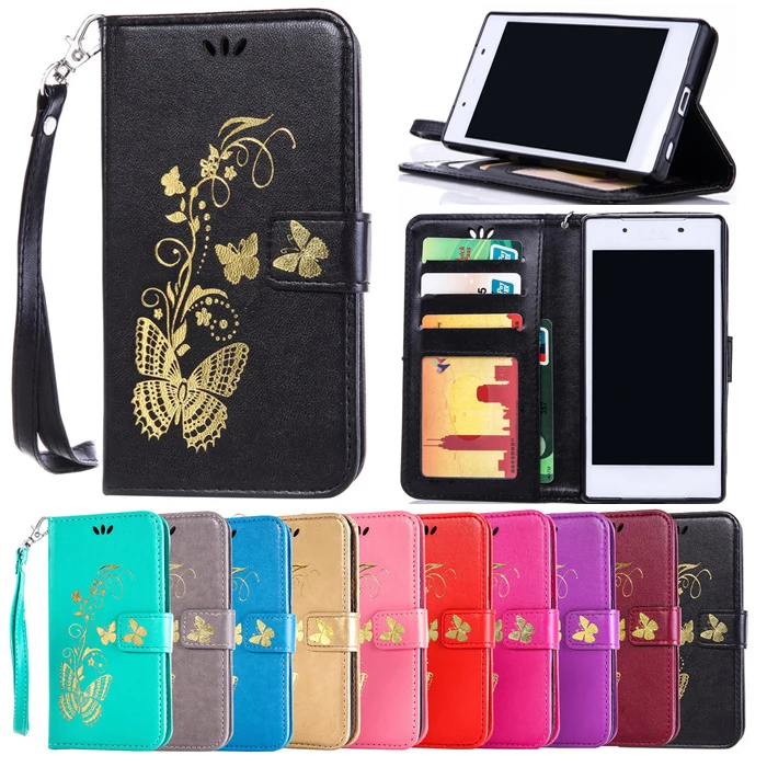 Бумажник Case Для Sony Xperia E5 5.0 Дюймов Золота Бабочка выбитый PU Флип Folio Leather Cover