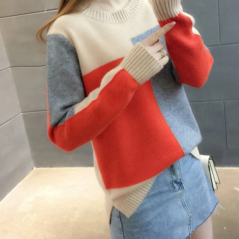 Зимний свитер, женский свитер и пуловер контрастного цвета, Женский вязаный свитер джемпер с длинным рукавом