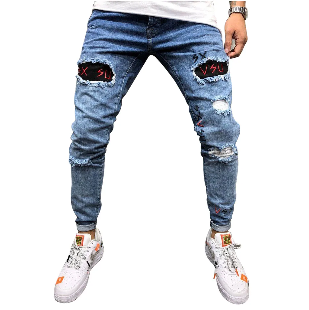 KLV брюки новые летние модные мужские джинсовые хлопковые прямые брюки с карманами потертые брюки для всех сезонов горячая Распродажа 9610