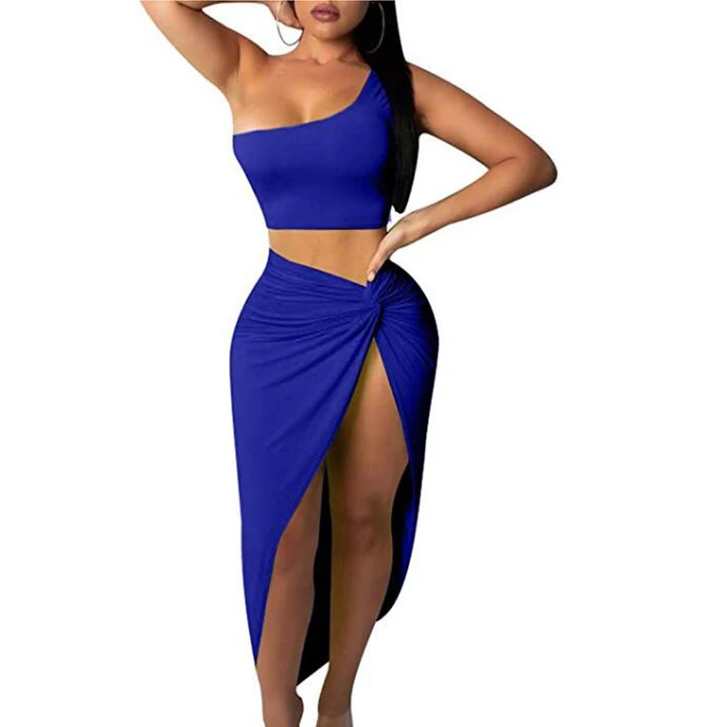 Платье на Одно Плечо из двух частей длинные Bodycon платья для женщин разрез сбоку