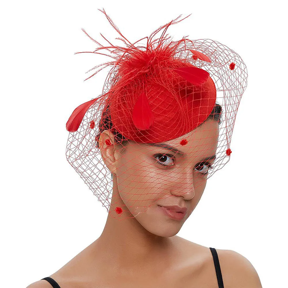 Red Headwear FS заколка для волос аксессуары пиллбокс Дерби шляпа Свадебный церковный платье вуаль оголовье для женщин элегантное украшение на голову с перьями - Цвет: Red Headwear