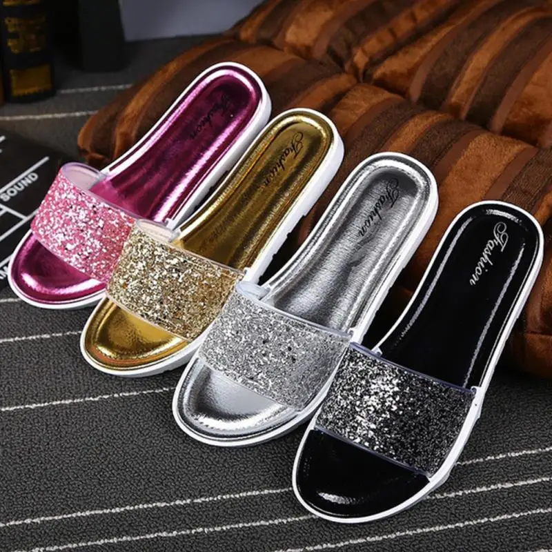 

2018 New Fashion Women Slippers Flat Casual Beach Sandals Cute Sequins Slippers Shoes