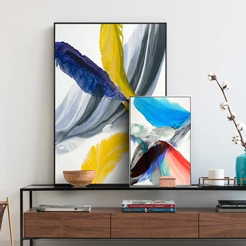 

Nordic Colorful Abstract Feather Wall Art Canvas Painting Blue Yellow watercolor Poster Print Wall Picture for Living Room Decor