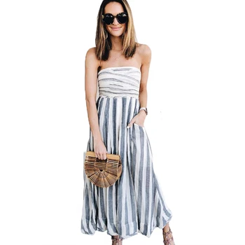 

Womens sexy summer new striped jumpsuits fashion 2018 strapless off shoulder bandage jumpsuits rompers loose long pants overalls
