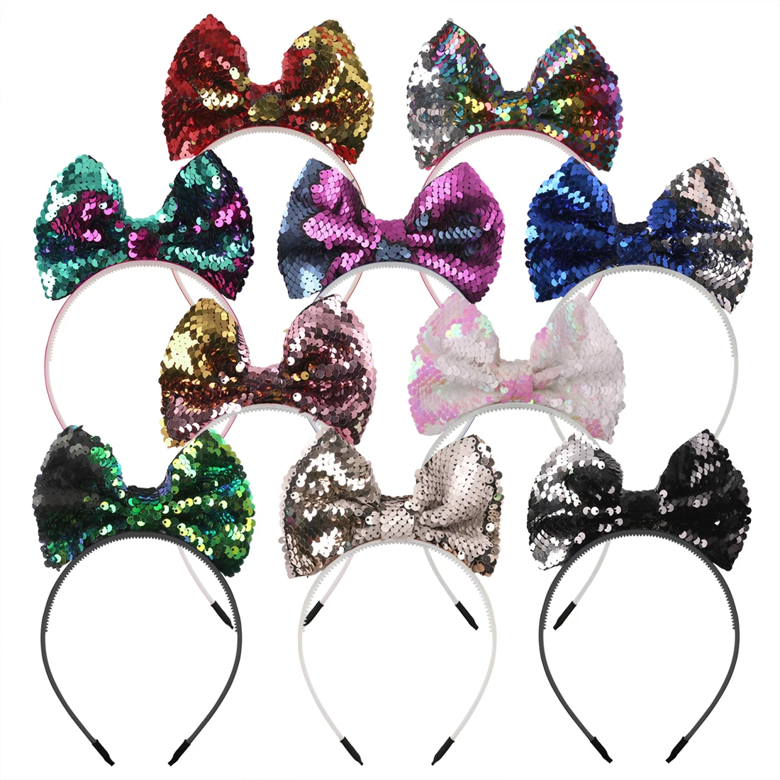 

10pcs/lot Big Rainbows 5inch Glitter Reversible Sequin Bows With Hairbands Children's Ribbon Plastic Hairband