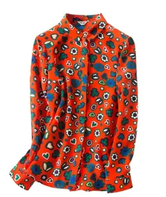 

The spring of 2017 the new 100% mulberry silk crepe DE chine hand-painted small broken flower lapel female long silk shirt