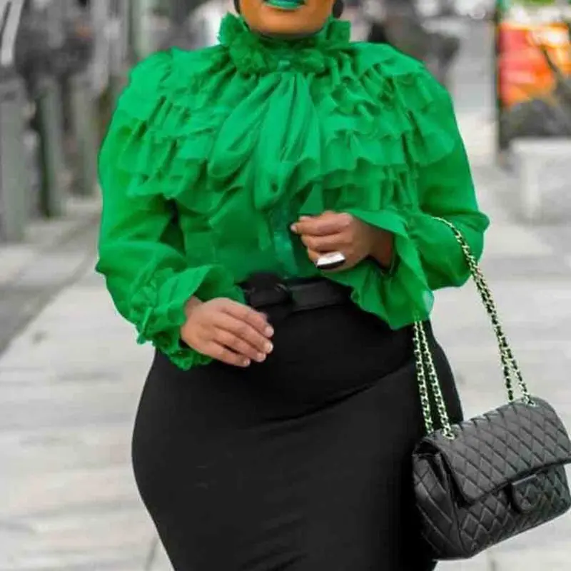 Elegant Office Lady Plain Standard Blouse Green Ruffles Long Sleeve Summer Women Tops Blouse 2020 Shirts Female Falbala Shirts - 4.0005E+12
