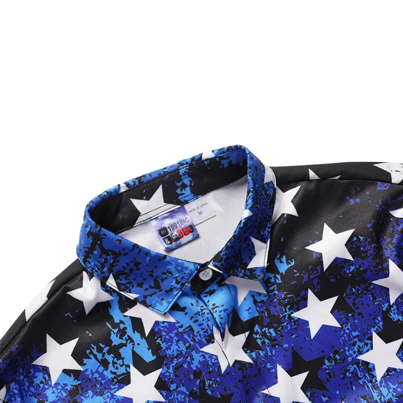  High Quality Men Shirt Long Sleeve Loose fit Star and stripe Print Turn-down Collar camisas Big Size Dress Shirts