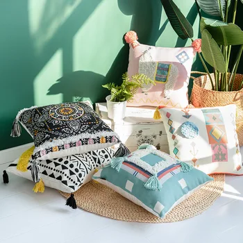 

45cm colorful geometric tufted cushion cover tassel pillowcase sofa lumbar pillow cover backrest tufting cotton pillow case