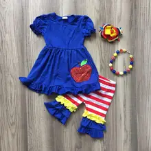 Летняя школьная одежда для девочек, милая Одежда для девочек, Королевский синий цвет, детская одежда с яблоком, Полосатые Капри, хлопковый комплект, Детские аксессуары