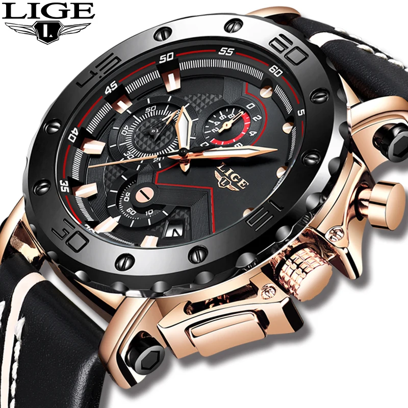 

2018 LIGE New Men Top Watch Men Original Stainless Steel case Large Dial Men Casual Leather Business Sport Watch Erkek Kol Saati