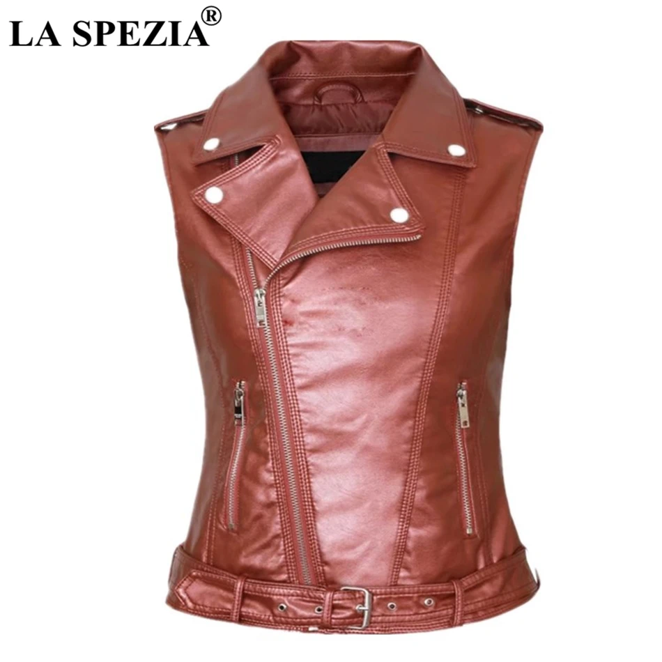 LA SPEZIA Biker Waistcoat Women Pink Streetwear Vest Ladies Belt Faux Leather Punk Zipper Short Female Sleeveless Jackets Black