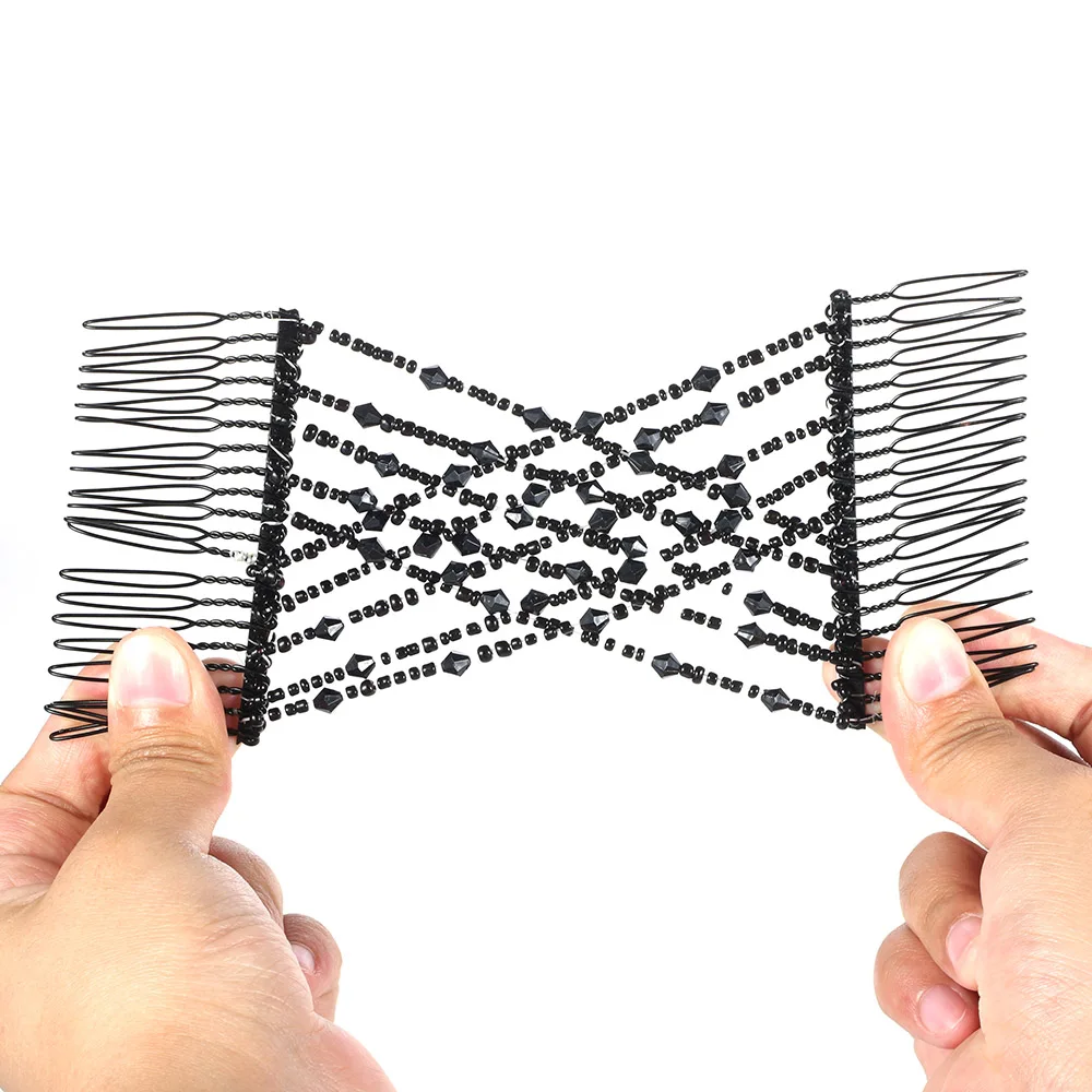 2Pcs/set Glass Bead Elastic Double Hair Comb Clip DIY Firm Hair Insert Clips Stretchy Head Combs