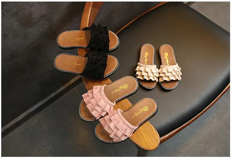 Обувь для девочек из искусственной кожи с оборками; детские летние сандалии для маленьких девочек; обувь для малышей; детская обувь; цвет черный, розовый, белый