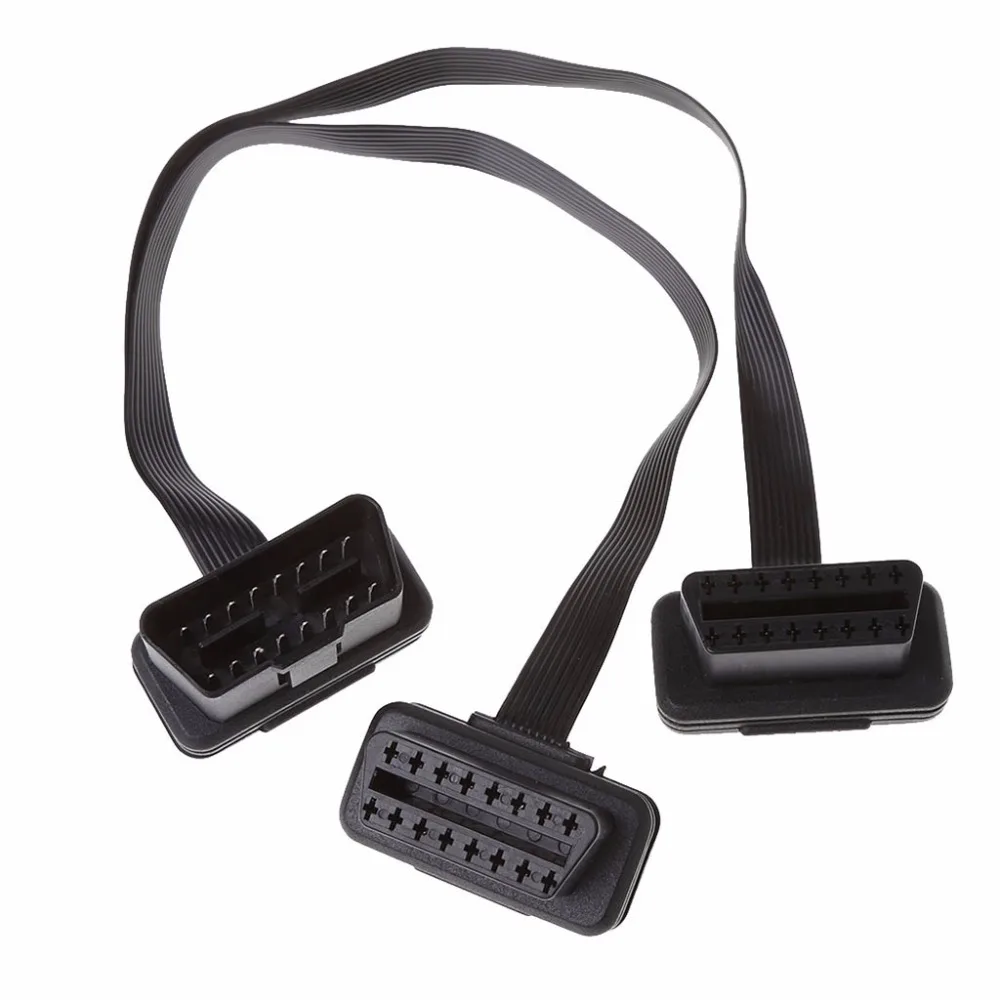 

New 30cm 16 Pin OBD2 Male To Double Female Splitter Flat Thin Y Connector Extension Cable Suit for OBD II port