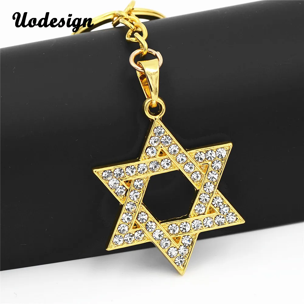 

Uodesign Hip Hop Micro Pave Full Rhinestone Alloy Iced Out Bling Magen Star of David Pendants Keychain Keyring for Men Jewelry