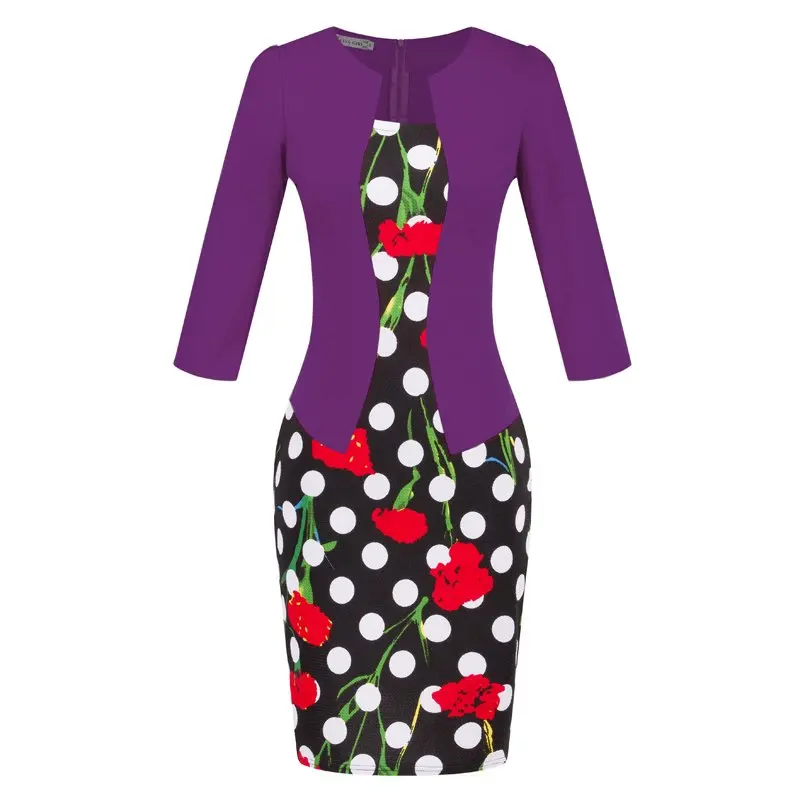 Бандаж большого размера платье поддельные из двух частей женская одежда офис дамы стиль комбинезон, сезон осень-зима платье Vestidos De Festa - Цвет: Flower Purple