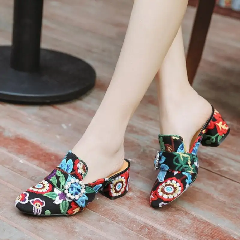 

Women Fashion Floral Embroidered Crystal Dimante Court Chunky High Heel Pumps Suede Leather Shoes Slipper Slingback Mules A644