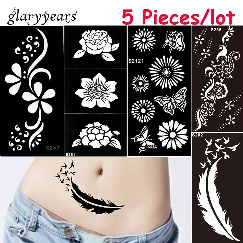 

5 Pieces/lot Medium Henna Stencil DIY Paste Hollow Drawing Flower Lace Design Henna Body Art Paint Tattoo Stencil Christmas Gift