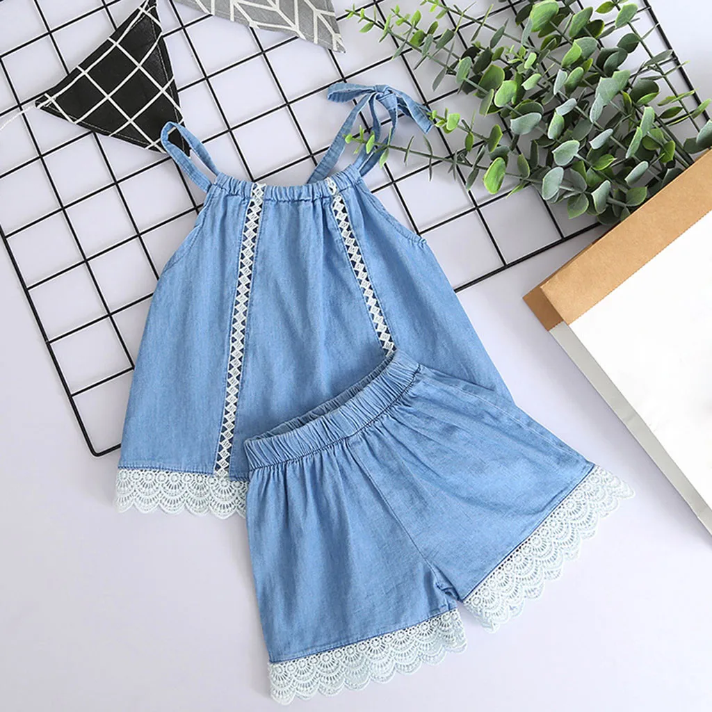 

MUQGEW teenage girls clothing Girls Summer Lace Denim Sling Denim Shorts Set kiz cocuk giyim setleri #y2