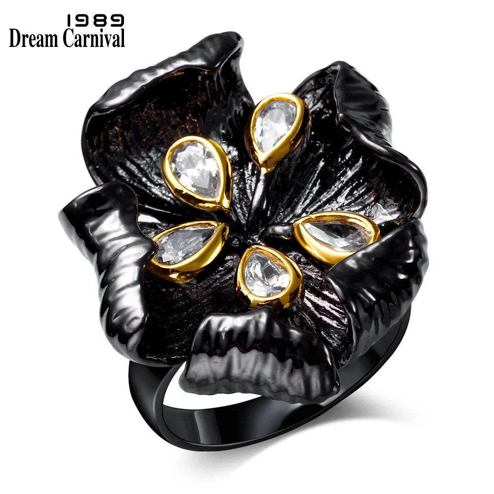 

DreamCarnival 1989 New Gothic Black Gold-Color Lotus Flower White CZ Ring for Women Vintage Party Jewelry DC1989 Anillos BR12015