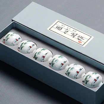 

Chinese style Elegant Tea Cup Ceramic Hand-painted Kung Fu Tea Set Cup 6 Pack Household Blue and White Porcelain Cup Gift Box