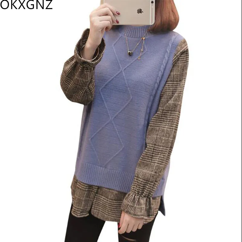 Women's New Style Head Loose Knit Horn Sleeve Plaid Stitching Fake Two Femal Sweaters Vintage England Office Student | Женская