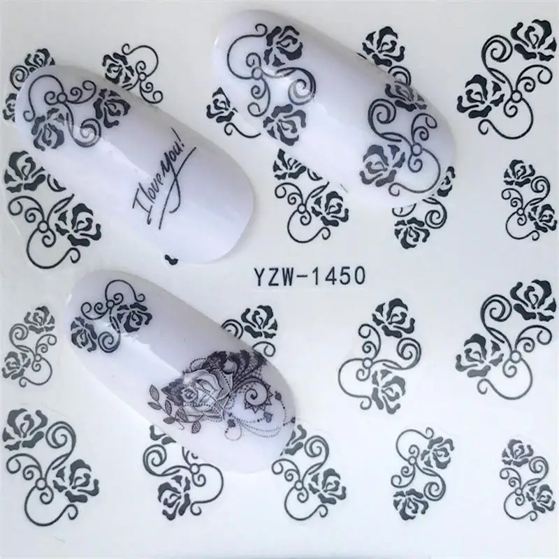1 лист Простые художественные черные трафареты для дизайна ногтей переводные наклейки для воды Гель-лак полный декор для ногтей инструмент - Цвет: YZW-1450