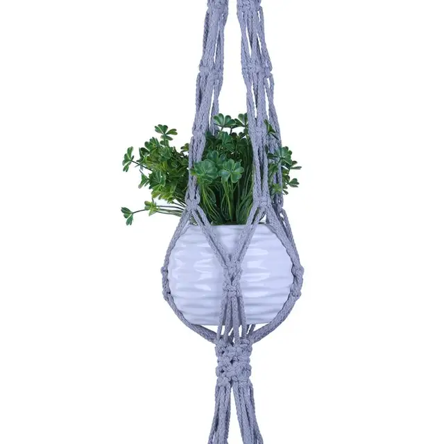 Gray Vintage Knotted Macrame Plant Hanger Basket Green Flowerpot Macrame Lifting Rope Plant Hanger Pot Holder Garden Hanging