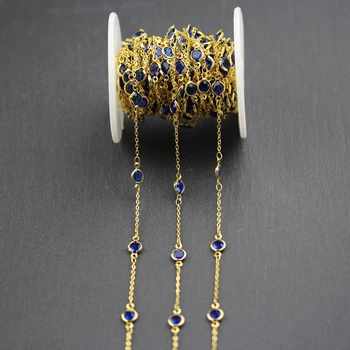 

6mm,Dark Blue Glass Faceted Round Coin Beads Chain,Wire Wrapped Golden Plated Fashion DIY Chains for Necklace Jewelry