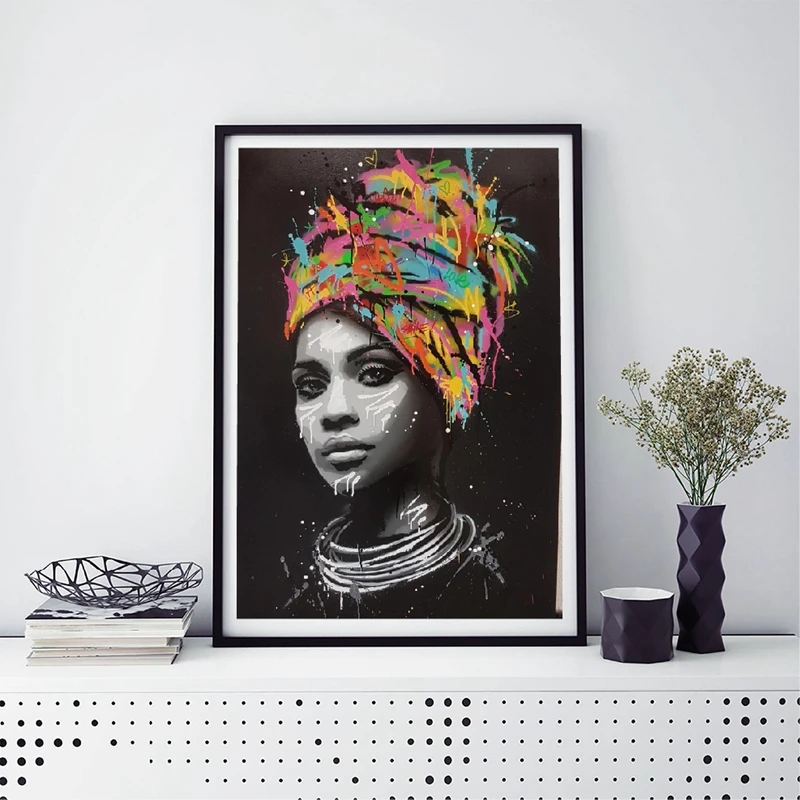 Graffiti African Girl Poster Canvas Art Prints, Watercolor African Woman Portrait Art Painting Wall Pictures Home Room Decor