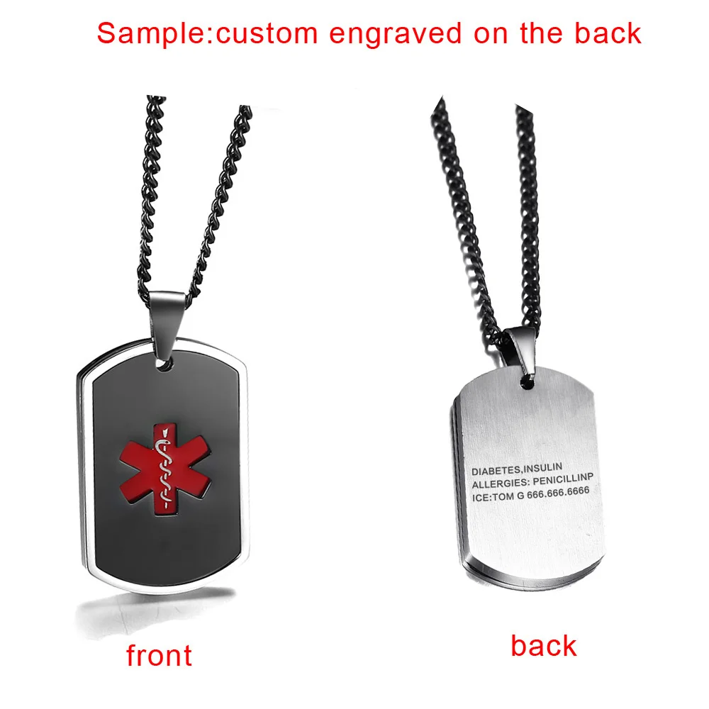 На заказ гравировка диабет диабетик медицинский оповещение Тег Кулон ожерелье в эмалью черный и красный цвет- Персонализация - Окраска металла: Add engraving