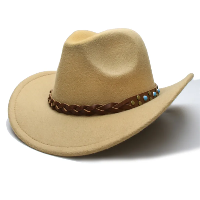 LUCKYLIANJI ковбойская шляпа из шерстяного войлока в западном стиле для детей, ковбойская шляпа с широкими полями, плетеная коса, кожаный ремешок(Размер: 54 см, отрегулируйте веревку - Цвет: Camel