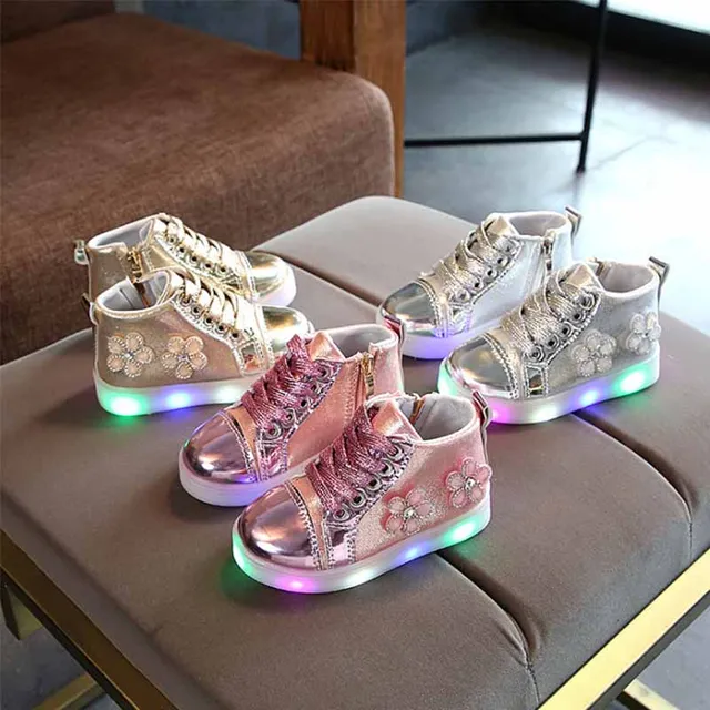LED girls light up shoes pu flower children's glowing shoes for girls