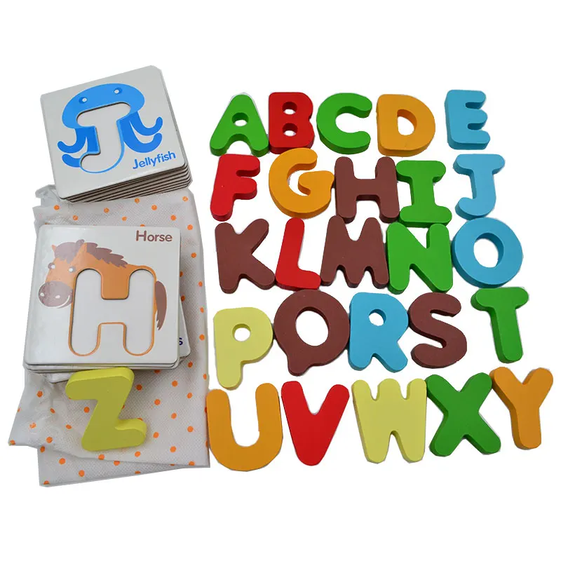 Wooden Early Education Baby Preschool English Learning ABC Alphabet Letter Cards Cognitive  Toys Animal  Puzzle, 26 pcs