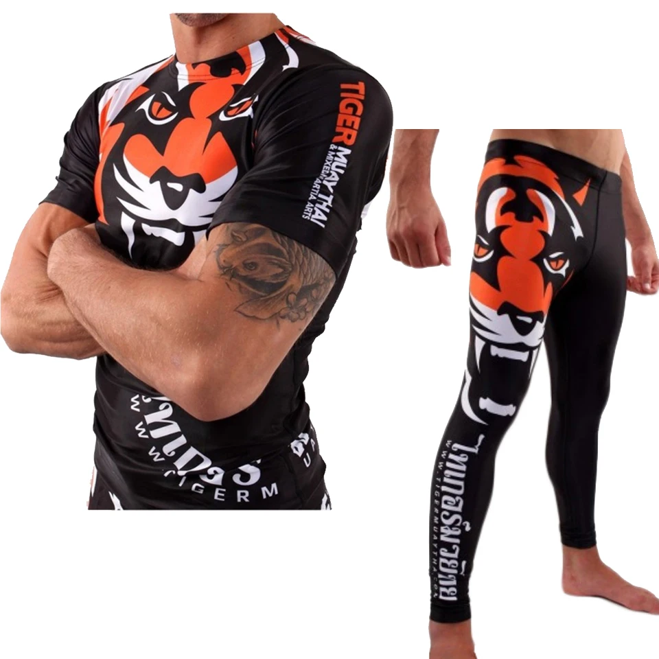 

MMA Rashguard Muay Thai Boxing Jerseys Sets Sublimated Print Gentle Tiger Pant T-Shirt Boxeo BJJ JiuJitsu Rash Guard Fightwear