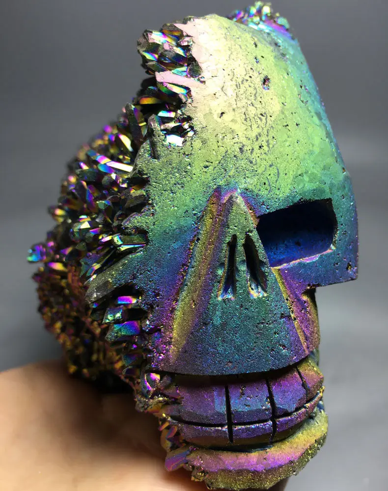 

736g Purple & Blue Aura Natural Carving Skull Titanium Silicon Rainbow CRYSTAL pokemon figures