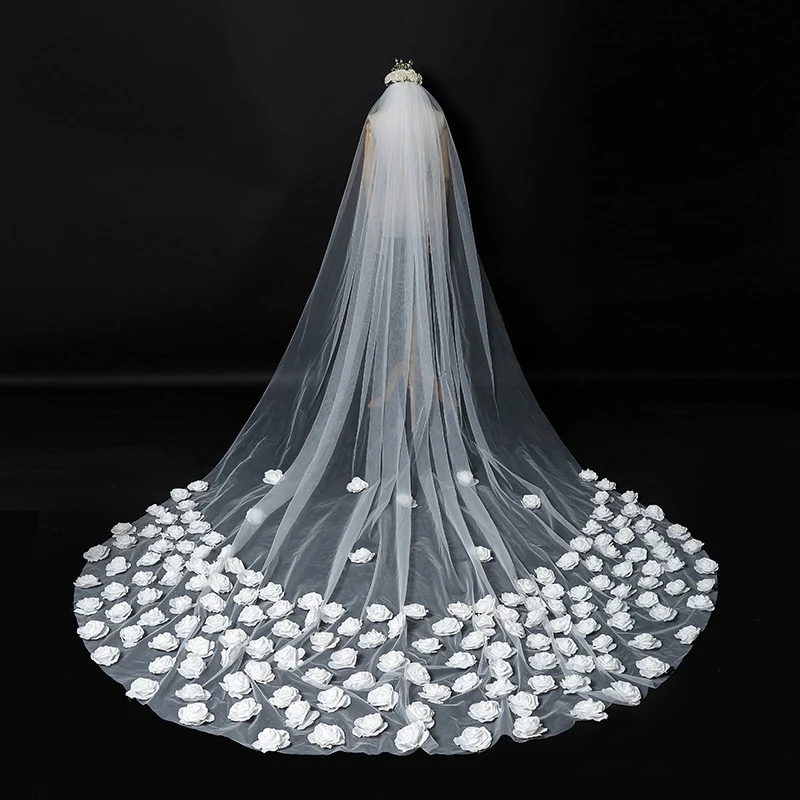 Ручной работы трехмерный цветок большой хвост вставленная расческа белая вуаль фото Фата невесты Длинная свадебная Длинная Вуаль соборы