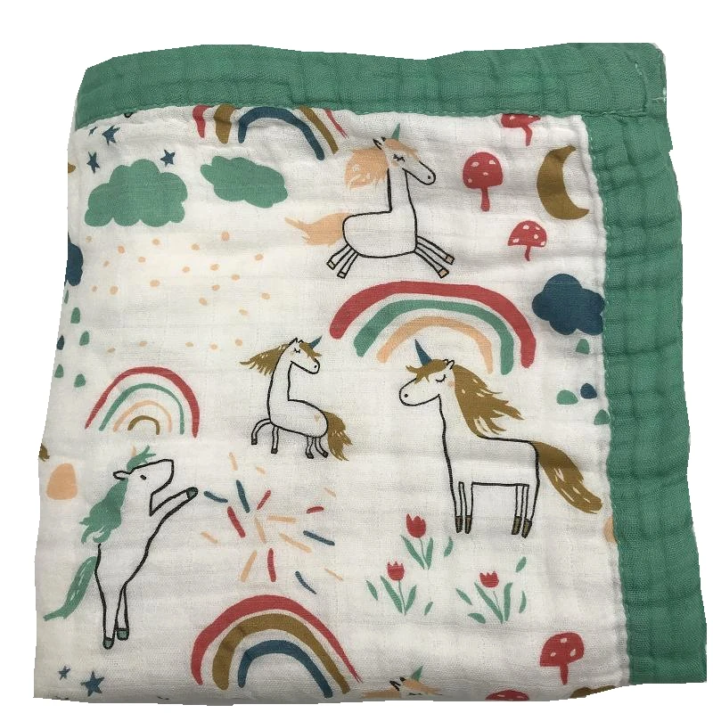 Четырехслойное детское муслиновое одеяло с единорогом из 70% бамбука и 30% хлопка, супер удобное постельное белье для новорожденных, Пеленальное Одеяло, банное полотенце