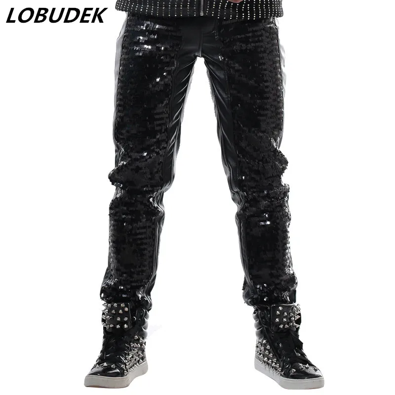 Black Silver Sequins PU Leather Pants Punk style Rock magic Hip Hop