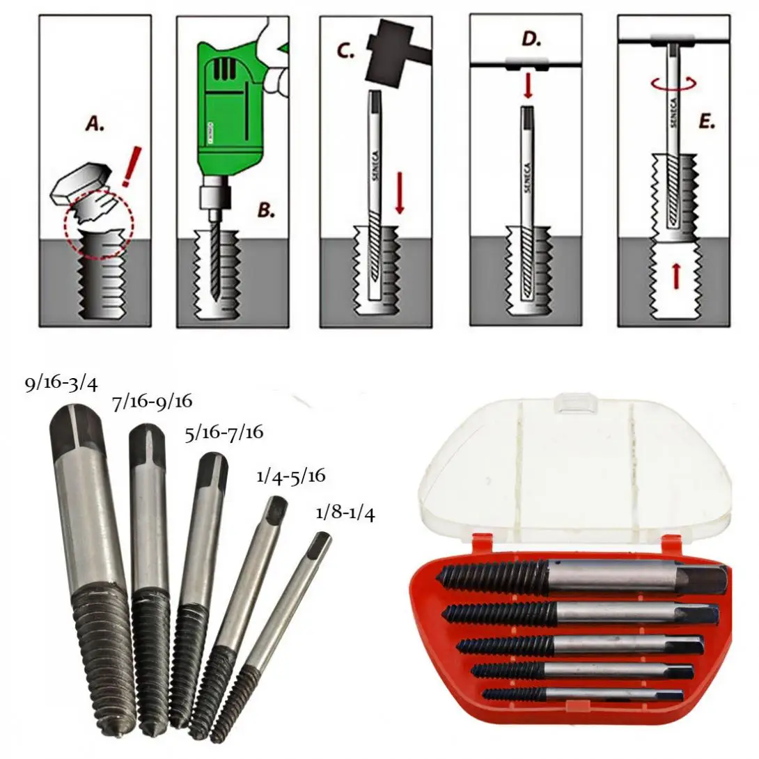 5 шт./лот шнековый экстрактор из высокоуглеродистой стали легкий набор сверл с пластиковой коробкой для удаления сломанных болтов