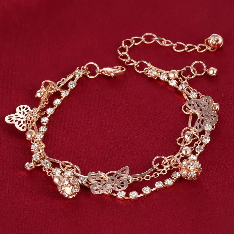 Горячая Новая мода Регулируемый кристаллический золотой цепи многослойный бабочка билезик браслет, женская бижутерия подарок Mujer Pulseras