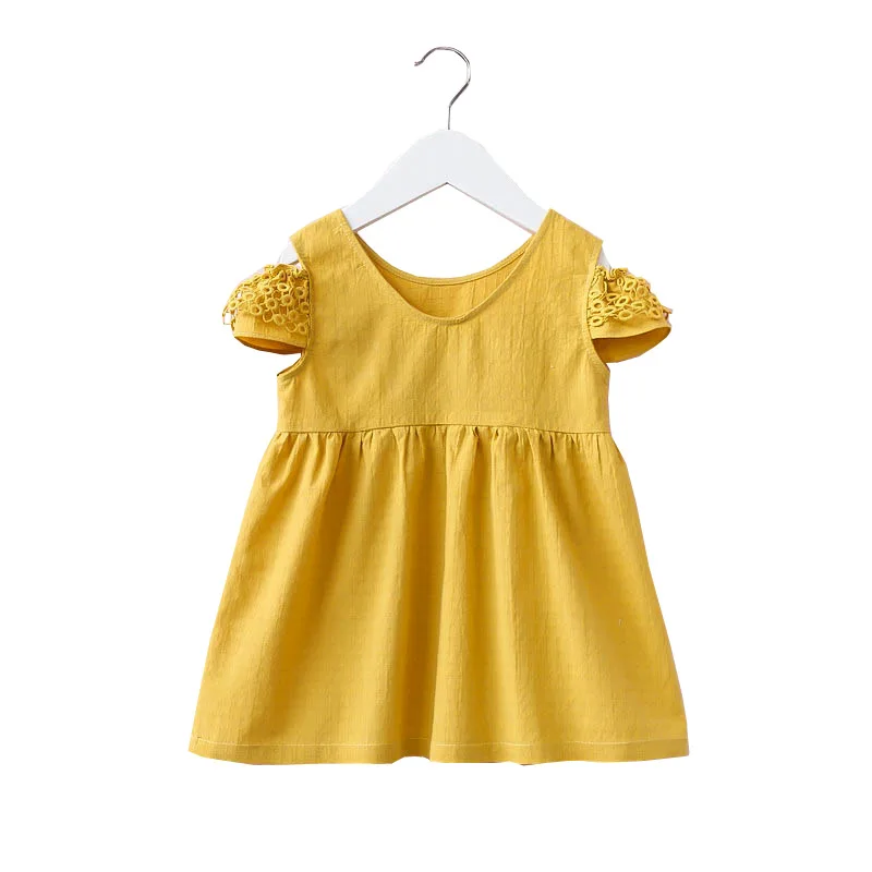 baby girls yellow frocks age for 3-10 yrs little girls short sleeve ruffle dress cute lace princess costume simple beach clothes