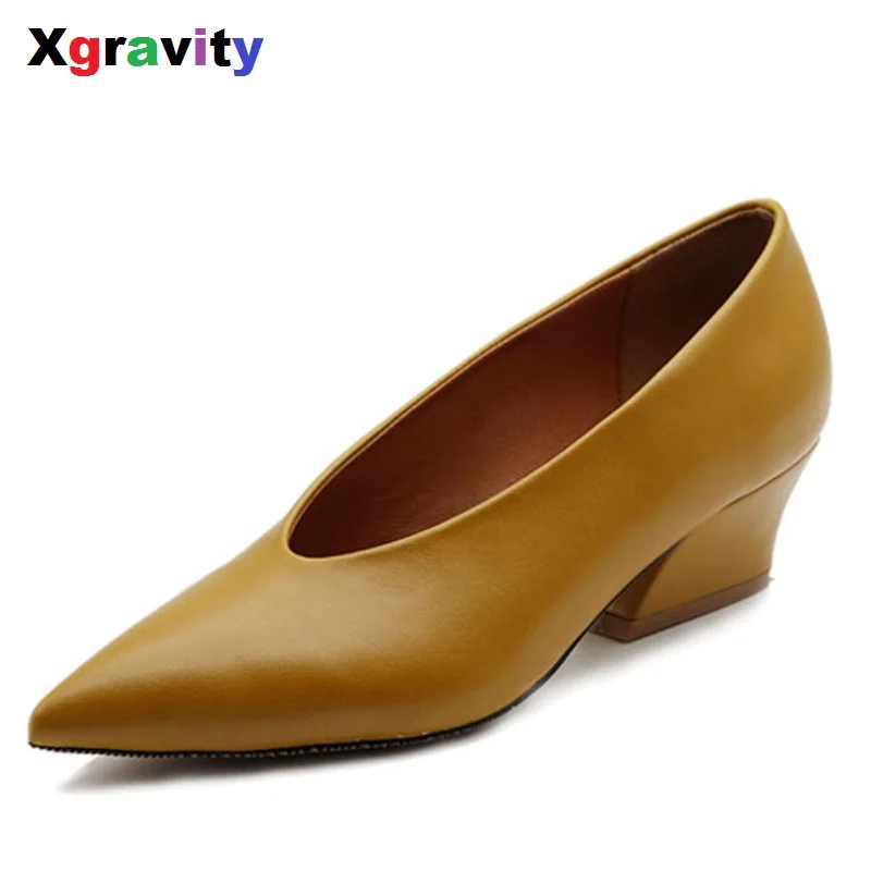 

XGRAVITY Spring Chunky Wedge Shoes Autumn Mid Heeled Lady Fashion Pointed Toe Shoes Women's Genuine Leather OL Footwear C114-1