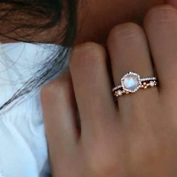 

Boho Female Big Crystal Hexagon Moonstone Ring Set Fashion Rose Gold Color Engagement Ring Vintage Party Wedding Rings For Women