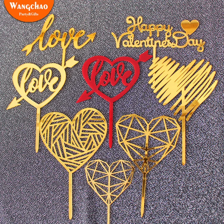 

Gold Acrylic Cake Toppers Love Heart Valentine's Day Party Cake Decoration Happy Birthday Wedding Cake Topper Party Supplies