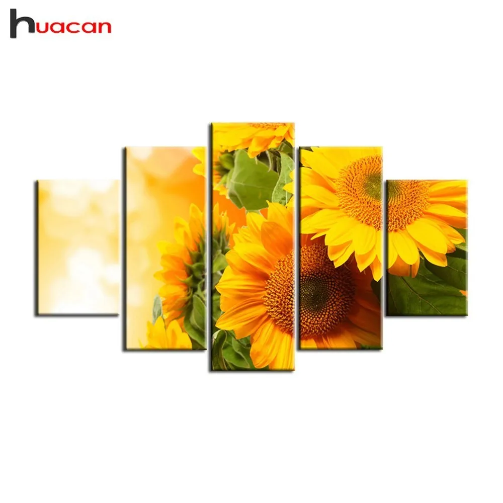 

HUACAN Diamond Mosaic Flower Multi-picture Combination DIY Diamond Painting Sunflower Full Square Triptych 5pcs Home Decoration