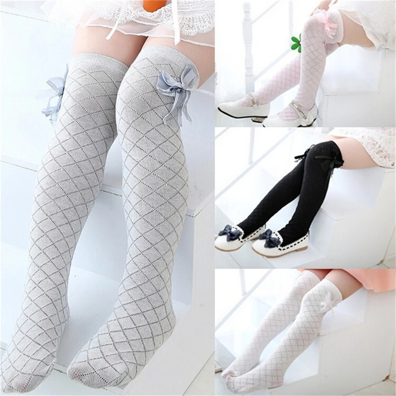 

New 4 Colors Tights School High Knee Gridding Bow Stockings Girl Classic Cotton stocking