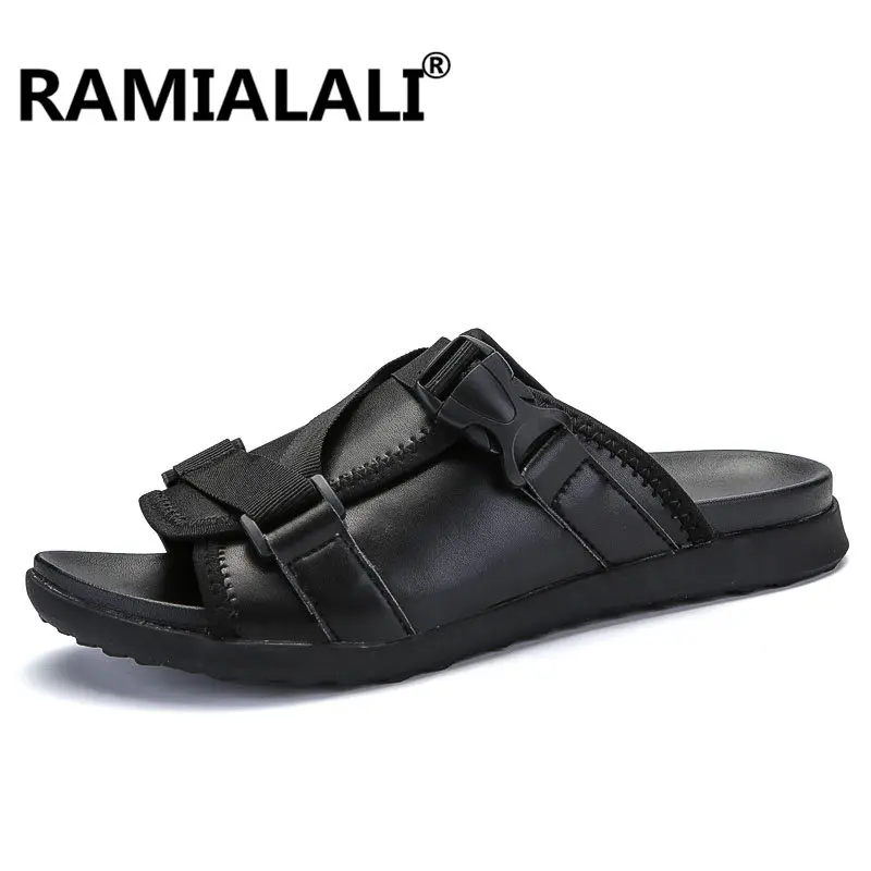 

Ramialali Summer Mens Slippers New Outdoor Breathable Real Leather Slipper Men Casual Beach Shoes Fashion Man Slides Flip Flops