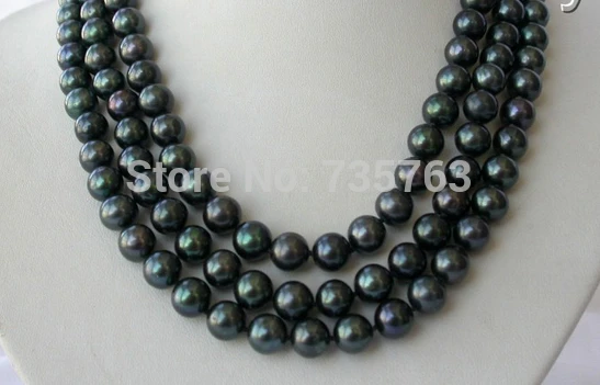 

HOT 0015070 stunning 3rows 10mm round black freshwater cultured pearl necklace